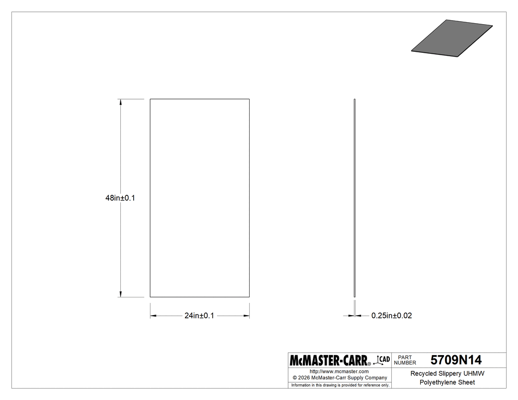 Technical Drawing of Recycled Slippery UHMW Polyethylene Sheet, Antistatic, 24" x 48", 1/4" Thick.
